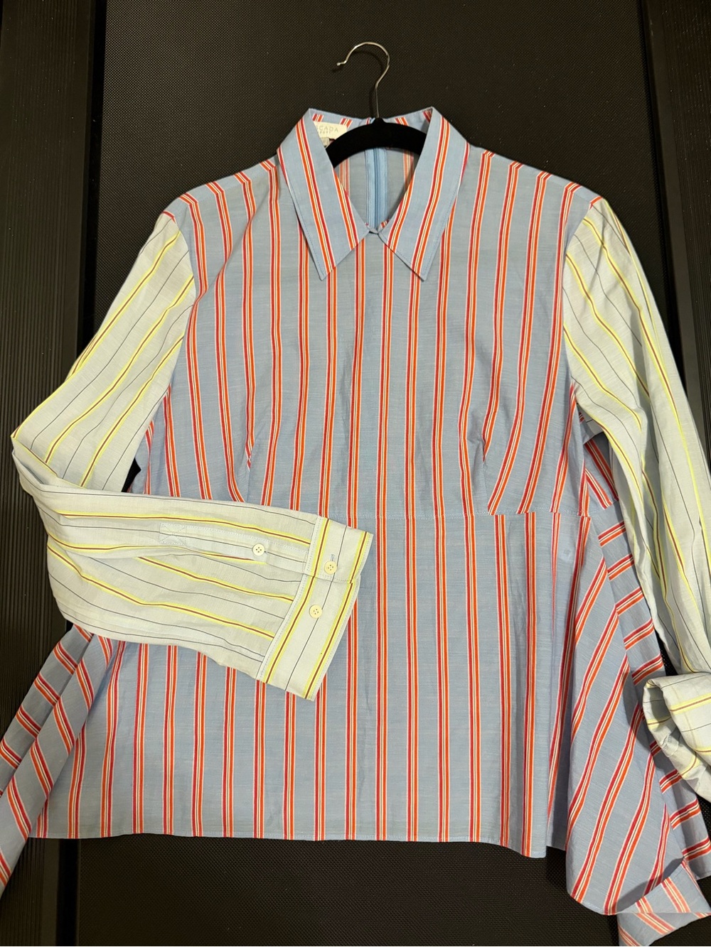 Escada Blue and Red Striped Button-Down Shirt with Yellow-Striped Sleeves